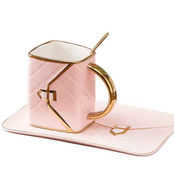 Elegant Ceramic Pink Gold-Trim Top-Handle  Women's Bag Mug & Plate - Picture 6 of 7
